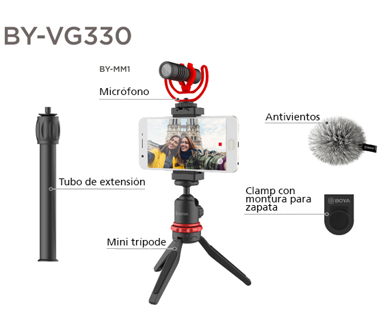 Accesorios incluidos en el kit universal Boya BY-VG330